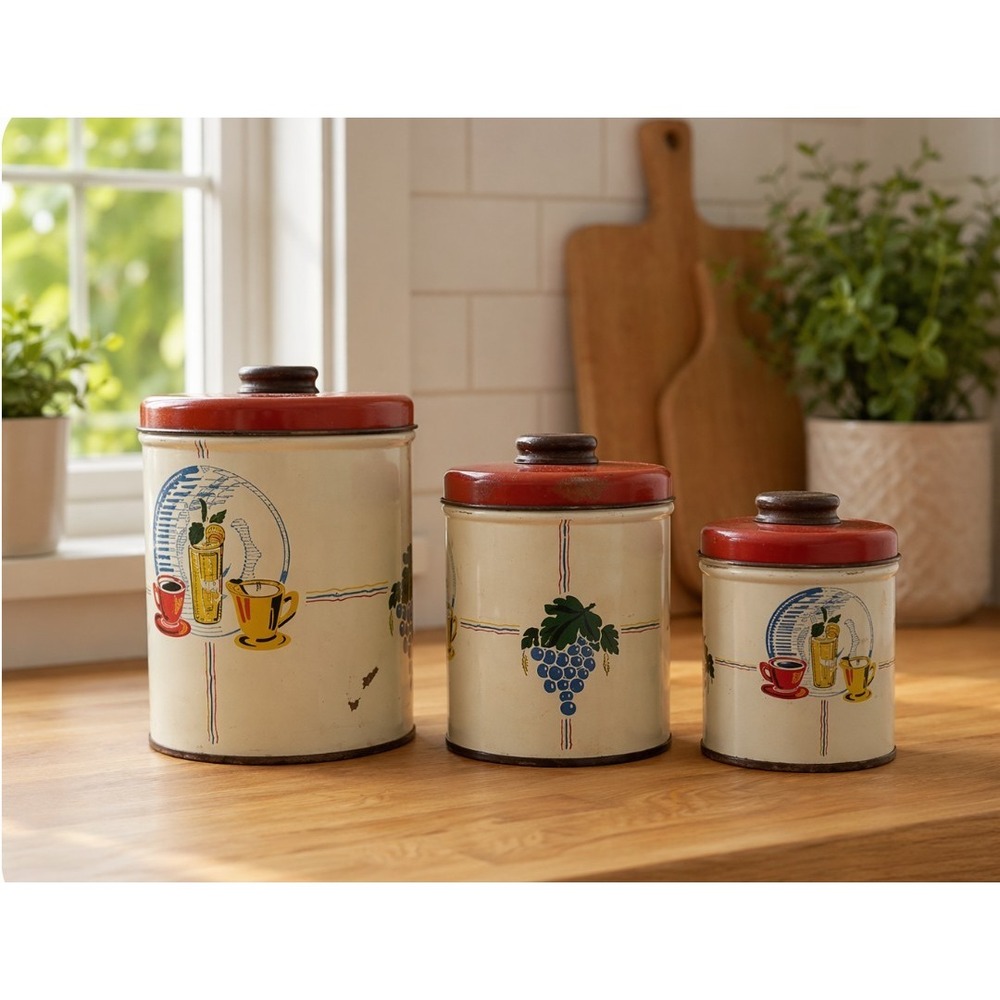 Vintage Metal Kitchen Canister Set 3 Pc Red Lids Fruit Grapes Coffee Retro